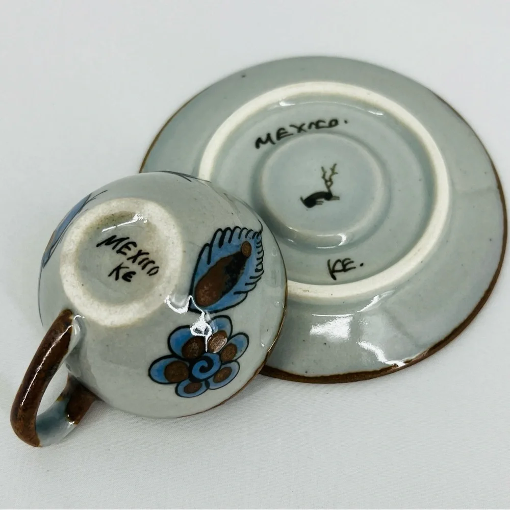 Vintage Ken Edwards Tonala Pottery Cup & Saucer Set El Palomar Blue Bird Signed - Picture 7 of 14